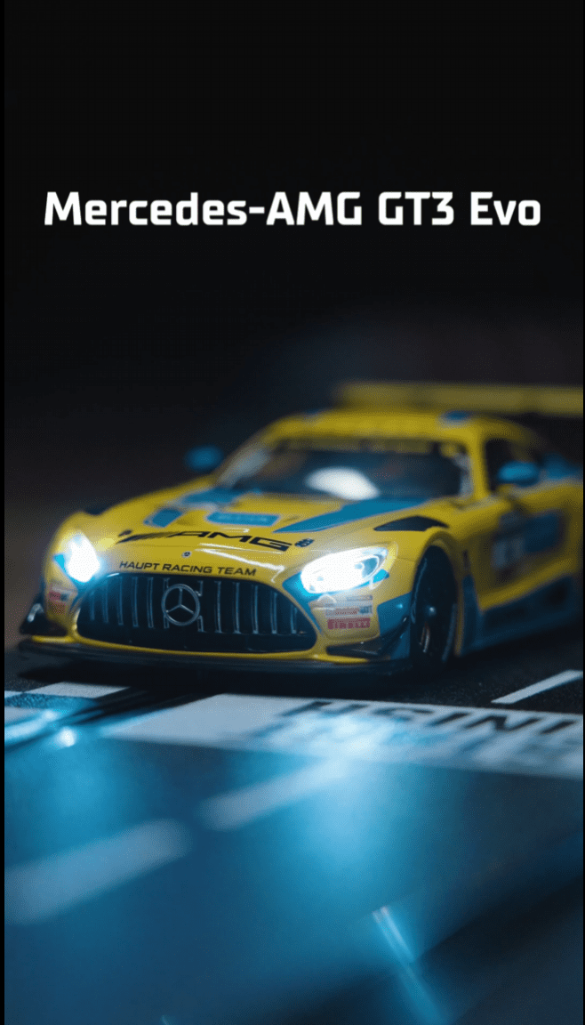 pole to podium Mercedes slot car with graphic above